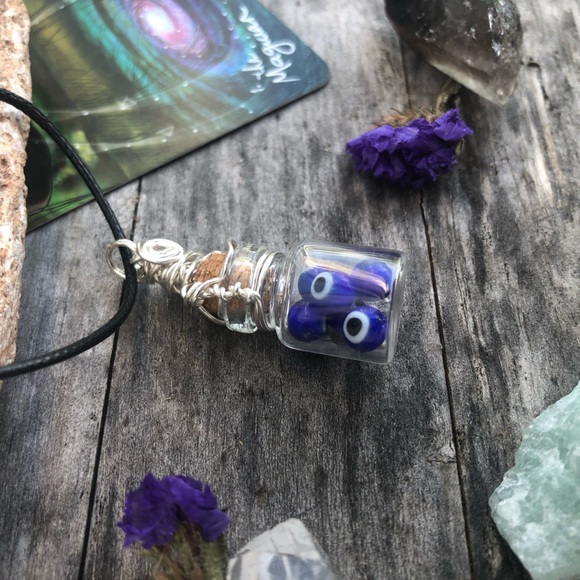 Evil Eye Protection Bottle Necklace Wire Wrapped - in Silver Wire - Picture 6 of 10